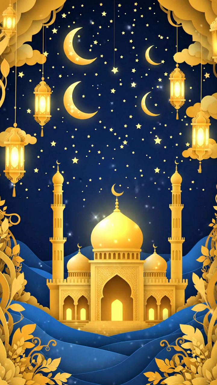 Moschea dorata con lanterne sotto un cielo notturno stellato