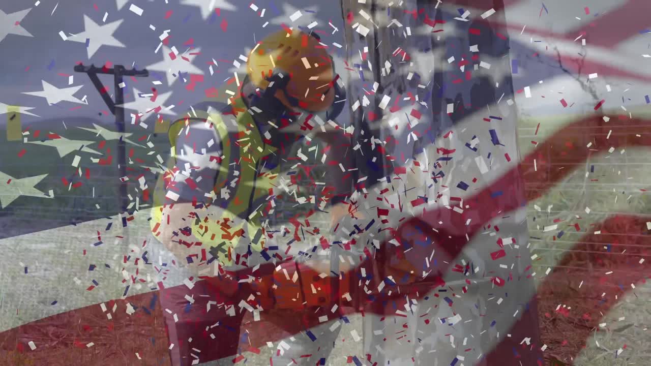 배경 에 있는 사람 위 에 흔들리는 미국  ⁇ 발 의 애니메이션