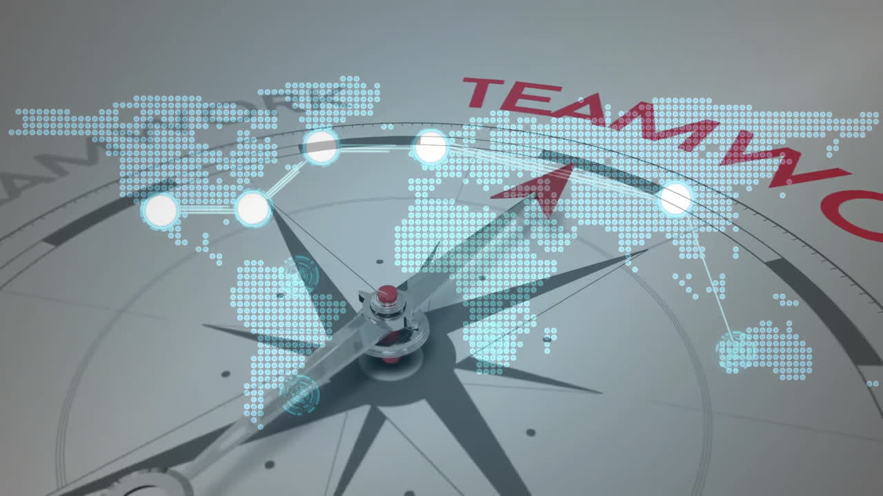 색 배경에 나침반을 통해 연결 네트워크와 함께 세계 지도의 애니메이션