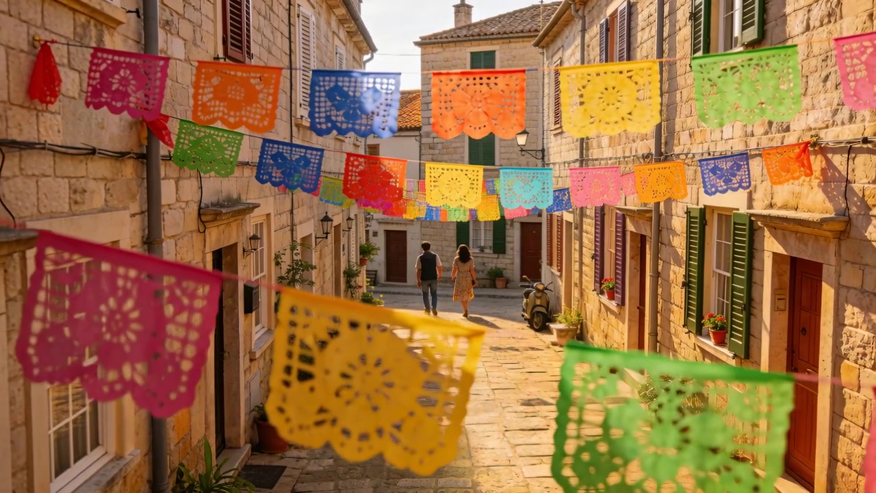 Coppia che cammina, con maglietta scura e vestito chiaro, esplorando un vicolo di pietra verso una porta, con papel picado mosso dalla brezza.