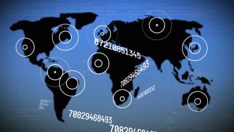 animación digital de círculos pulsantes y números cambiantes contra el mapa del mundo sobre fondo azul