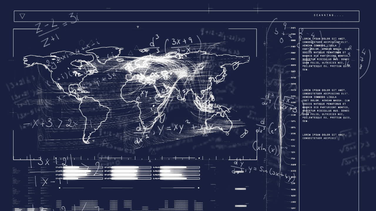 animación de mapas y barras de carga sobre ecuaciones matemáticas contra un fondo negro