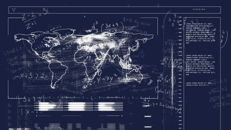 animación de mapas y barras de carga sobre ecuaciones matemáticas contra un fondo negro