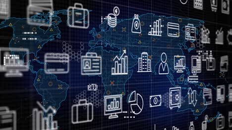 Animación-De-íconos-Financieros-Y-Procesamiento-De-Datos-Sobre-El-Mapa-Mundial