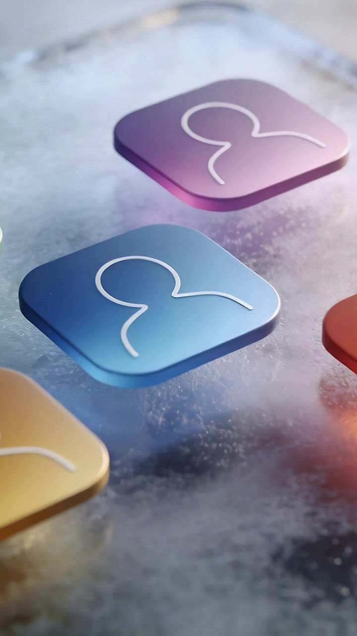 Vertical video: Camera panning making blue tile bobbing on frosty plane, showcasing white user icon