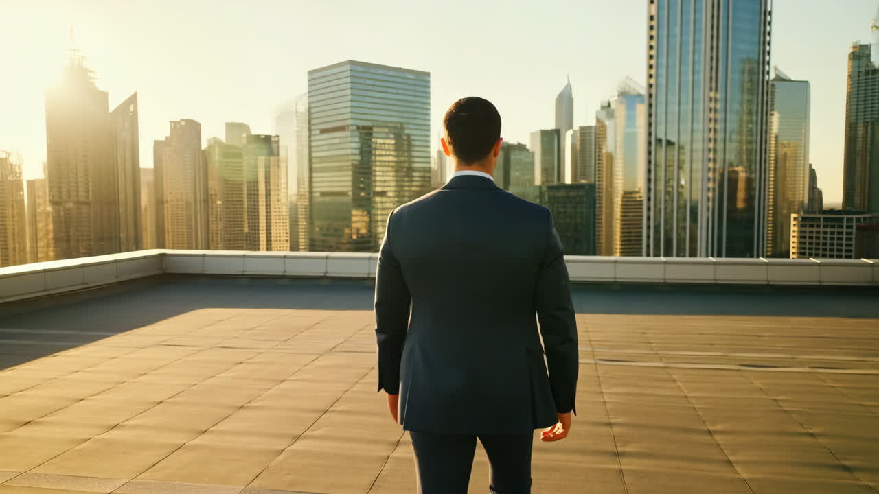 Businessman overlooking a city skyline from a rooftop at sunset