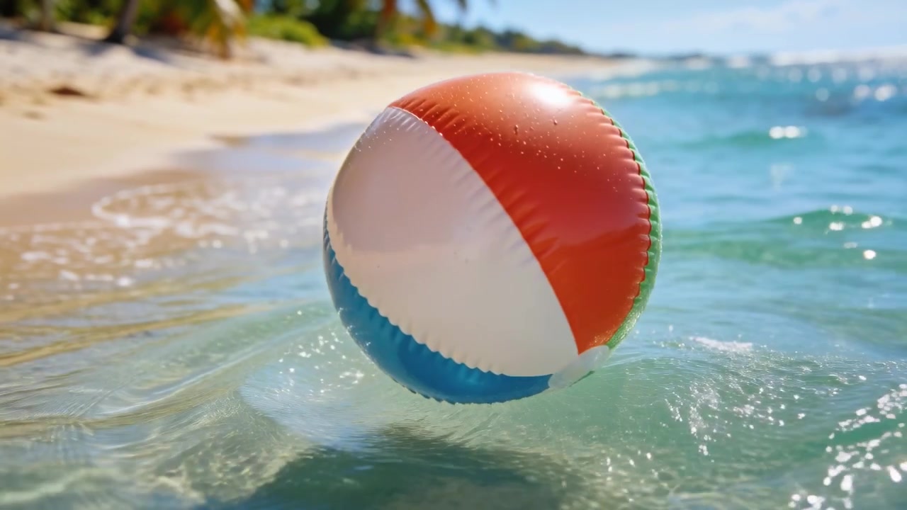 Pelota de playa inflable multicolor rodando sobre pequeñas olas en la orilla arenosa, creando ondas.