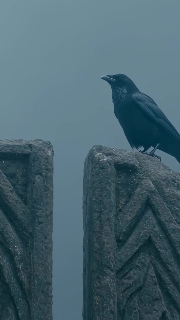 Video verticale: Grande corvo appollaiato che alza il collo, chiamando su un palo intagliato a destra nella nebbia, spazio per il testo.