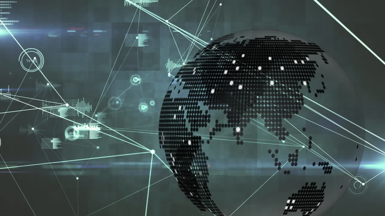 Animation of globe over network of connections and data processing on black background