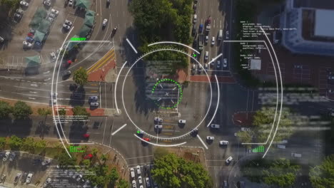 animation of data processing and scope scanning over cityscape