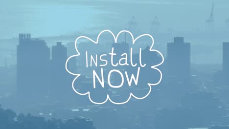 animación de instalar ahora texto sobre cityscape.