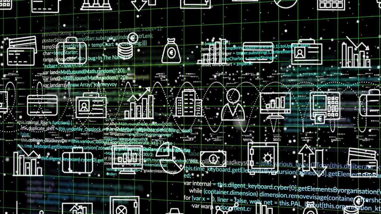 Financial and technological icons with coding animation over grid background