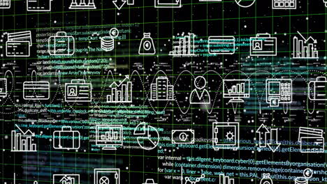 Iconos-Financieros-Y-Tecnológicos-Con-Animación-De-Codificación-Sobre-Fondo-De-Cuadrícula.