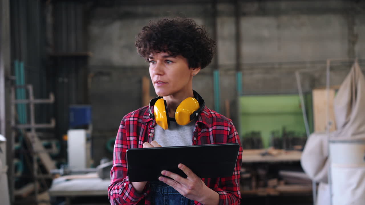 Donna falegname che usa un tablet in laboratorio