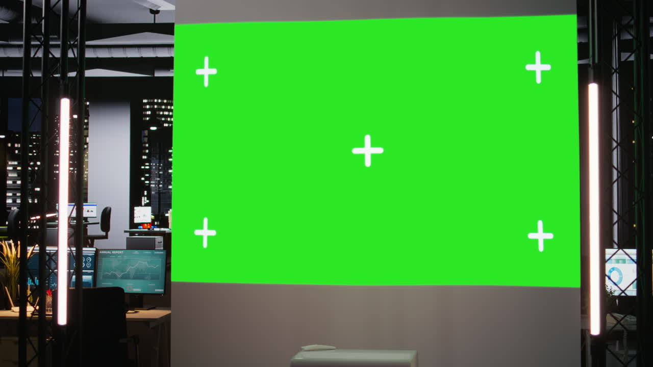 Empty business space showing dark office with isolated display late at night