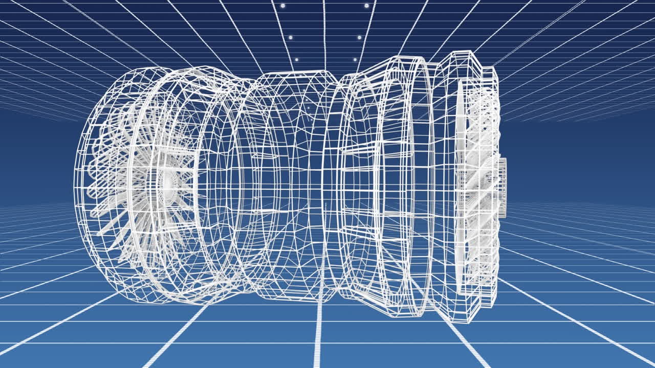 파란색 바탕에 터빈의 회전 기술 도면