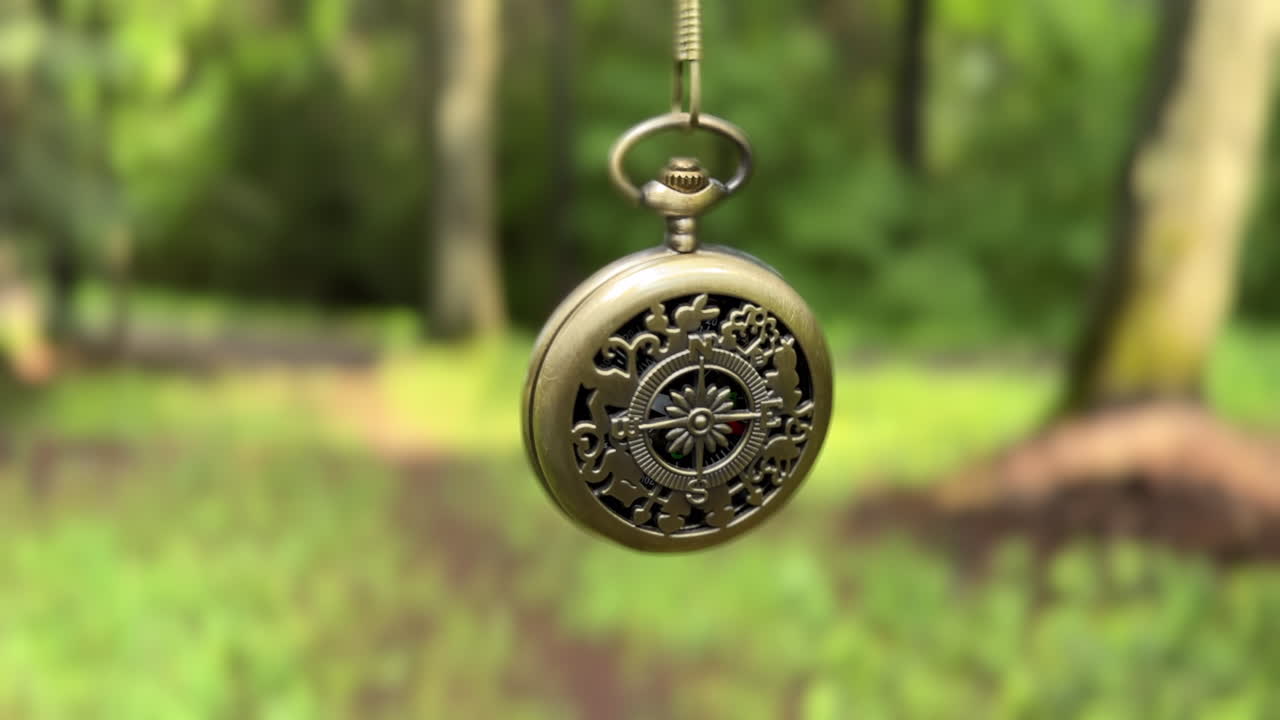 Ornate compass hanging and swinging slightly, with a blurred forest background