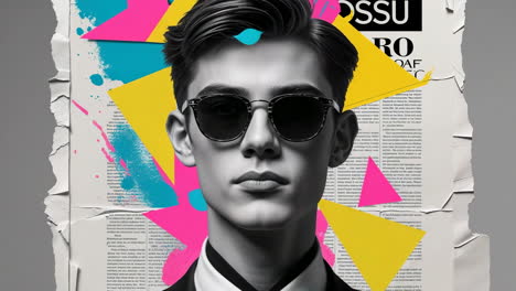 stylish young man in sunglasses against a vibrant abstract collage background