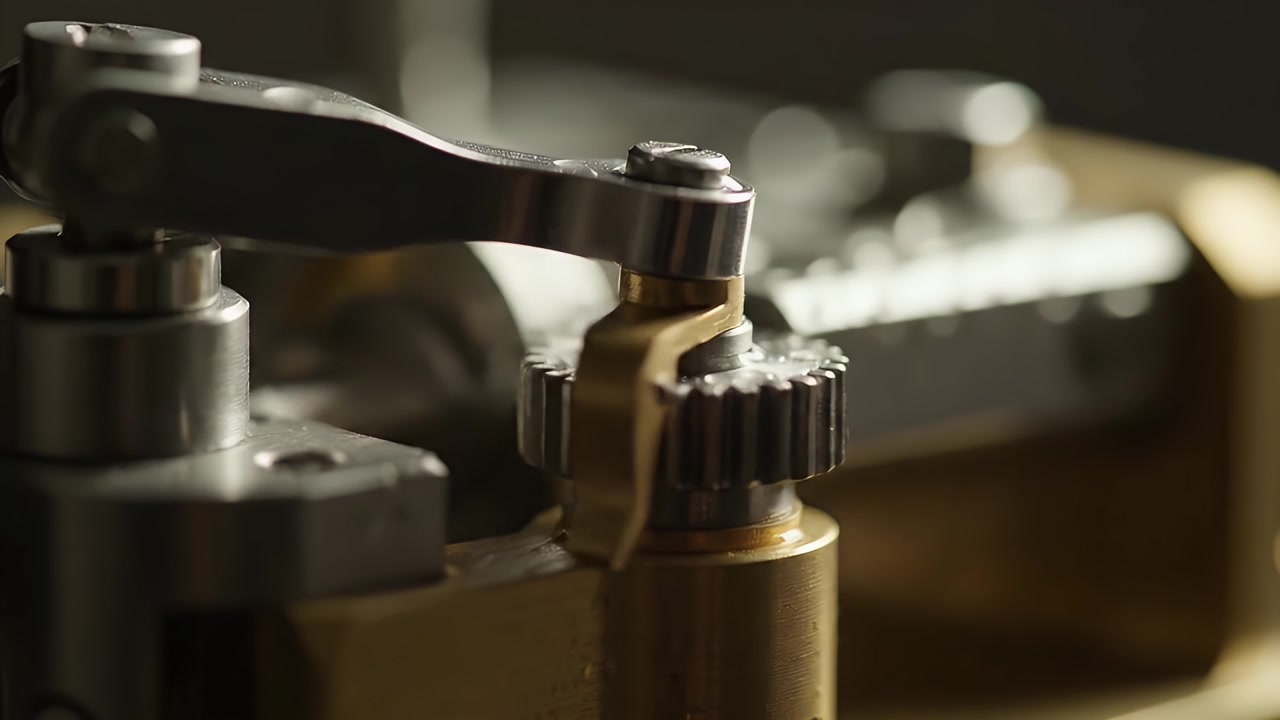 Detail mechanické páky zapadající do kovového ozubeného kola