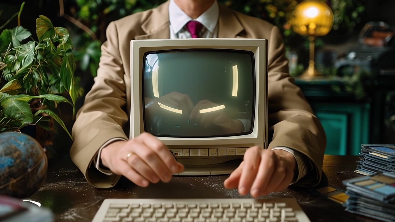 Man Typing on Retro Computer with Vintage Monitor Displaying Interface
