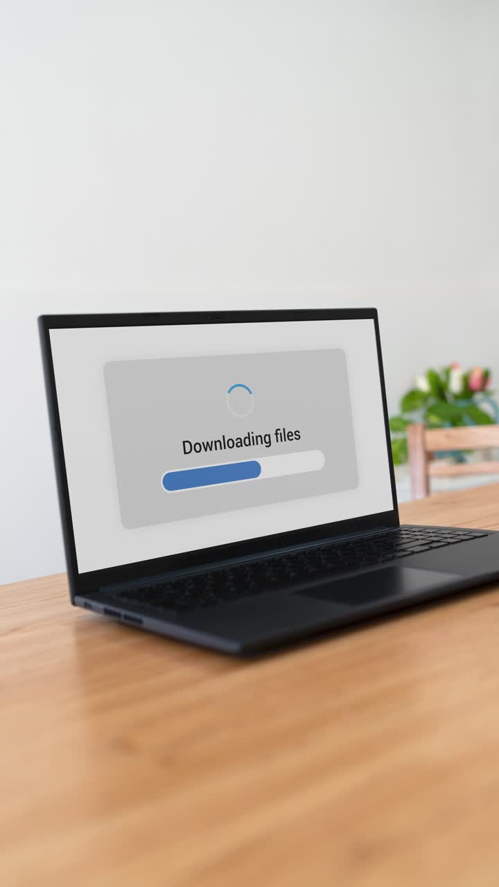 Downloading process with progress bar on laptop screen. Vertical shot.