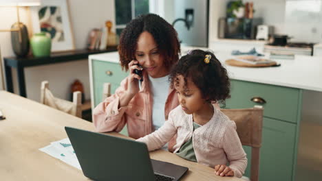 a woman working from home while taking a phone call with her daughter sitting beside her on the kitchen table.