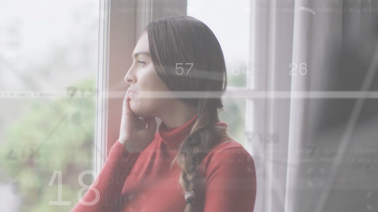 Woman by window laughing and brushing hair with animated business charts emerging for data analysis