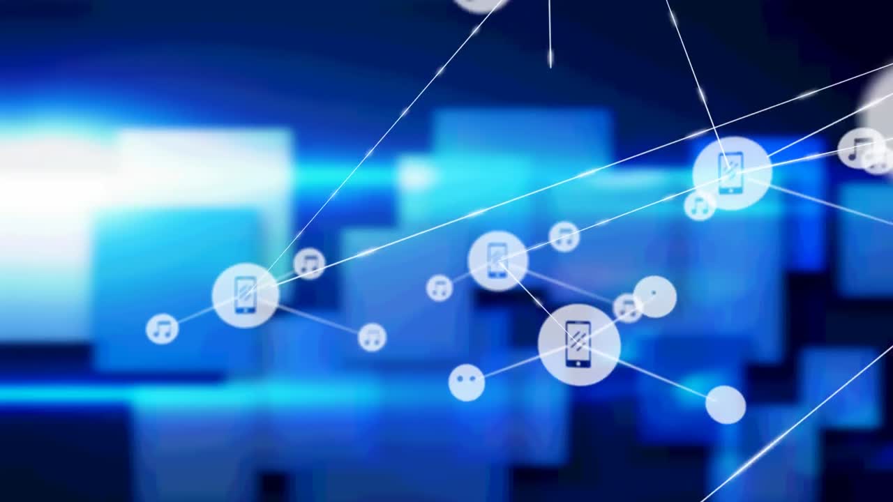 Animation of networks of connections with icons over blue shapes on black background
