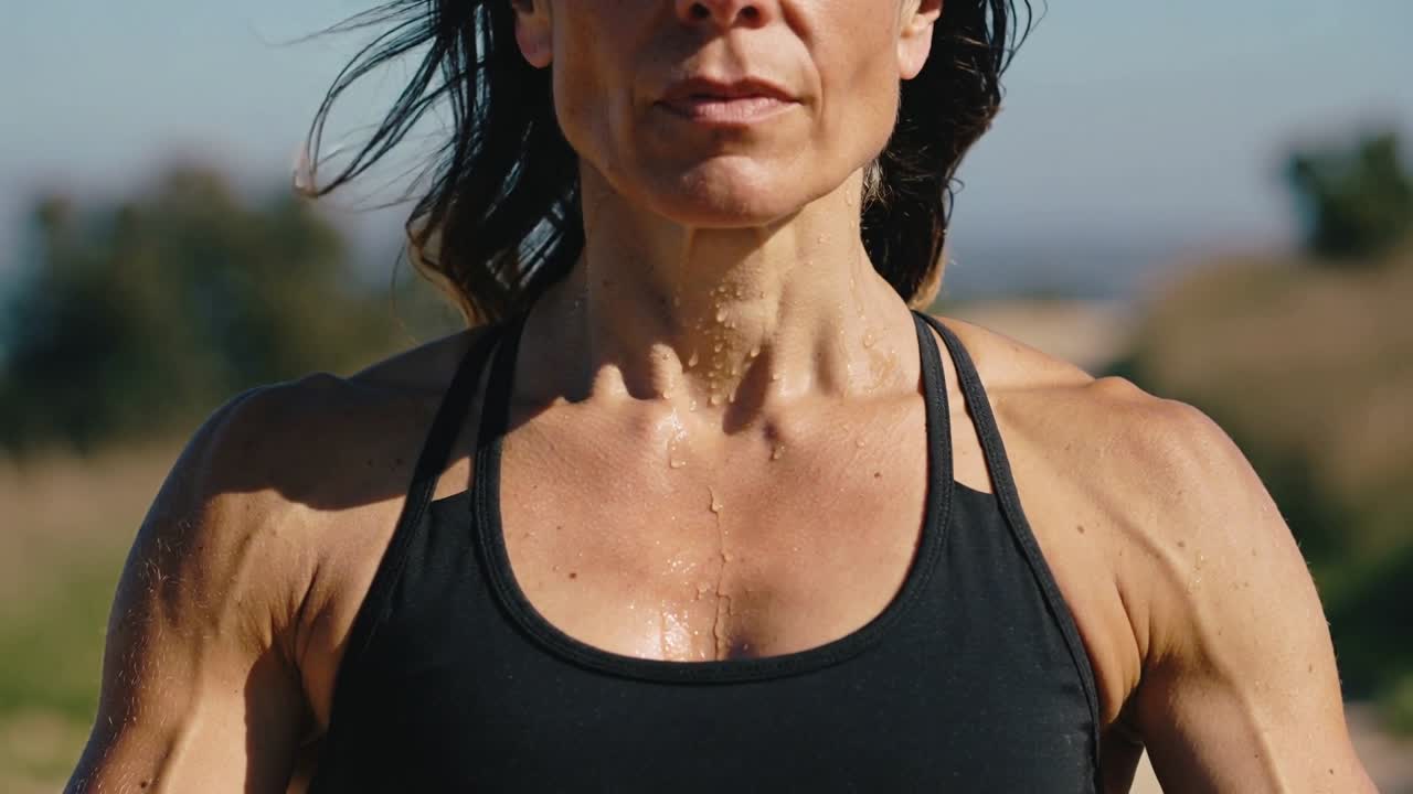 Female athlete standing on trail while camera tightening graphics tracing drops focusing on fitness
