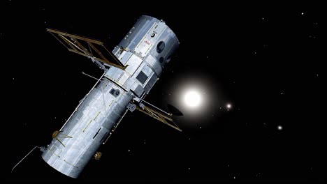 Hubble-En-El-Espacio-Con-Sol,-Venus-Y-Mercurio-Al-Fondo