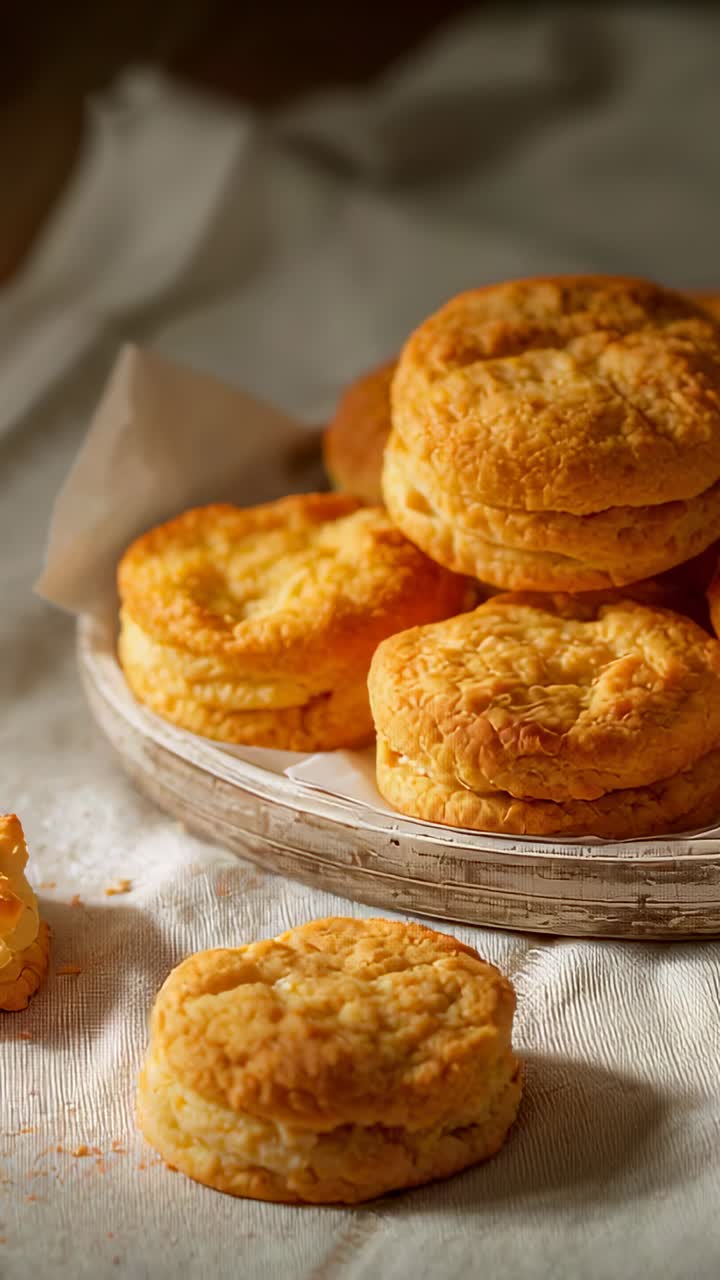 Vertical video: Tightening camera framing bringing biscuit stack closer on table, showing flakiness