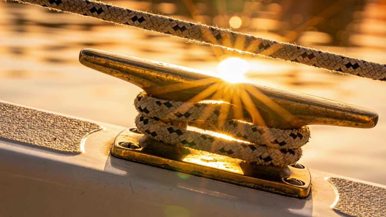 Solen beveger seg bak en fortøyningsklampe i messing med flettet tau på dekk, som skaper stjerneglimt og linseflare.