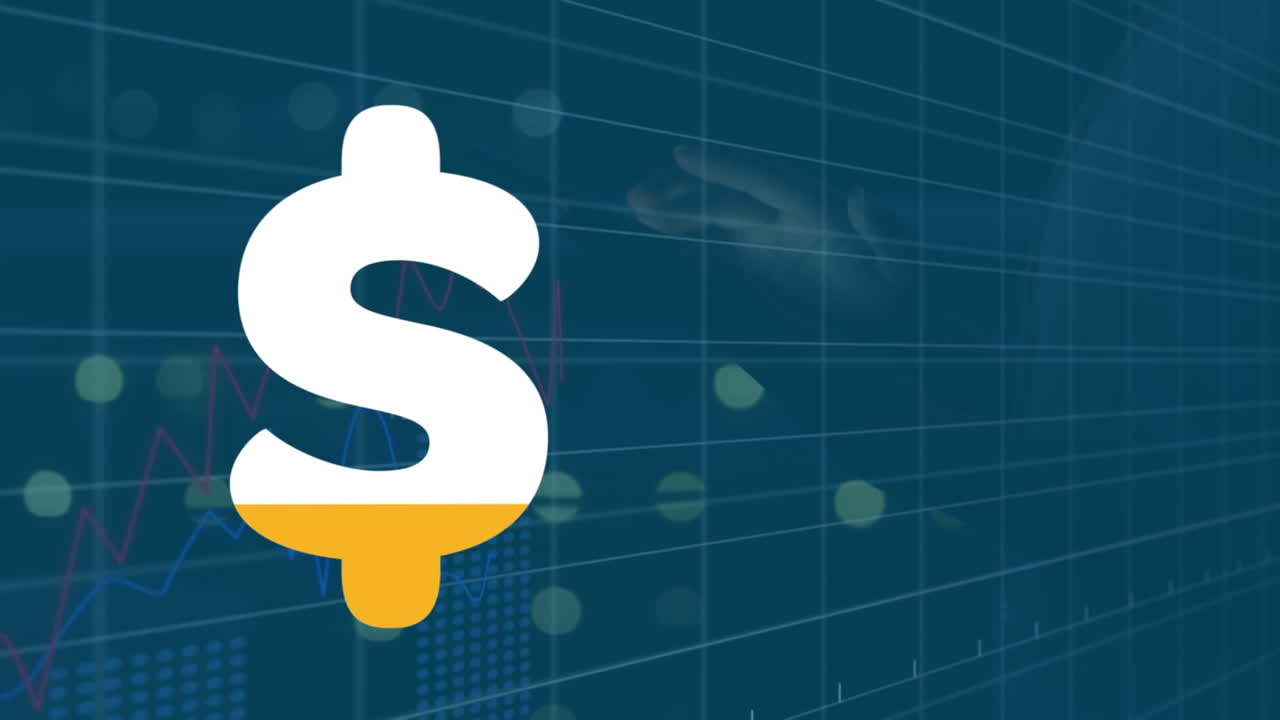 Animazione del simbolo del dollaro americano che si riempie di giallo ed elaborazione di dati finanziari.