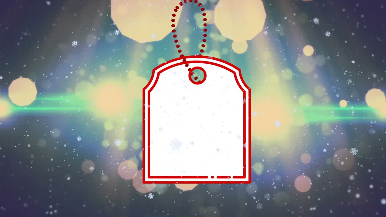 Animazione di etichetta regalo su neve che cade