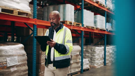 warehouse worker inspecting inventory with a tablet