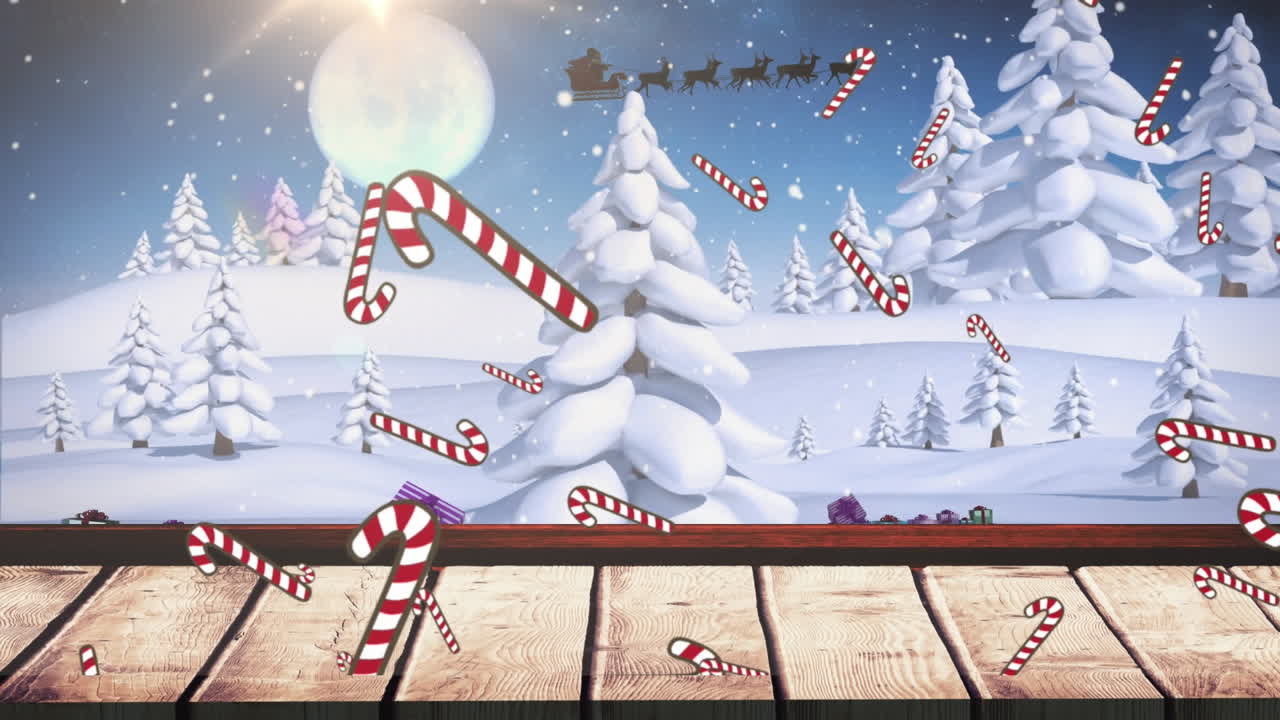 Animation of candy canes falling and winter scenery