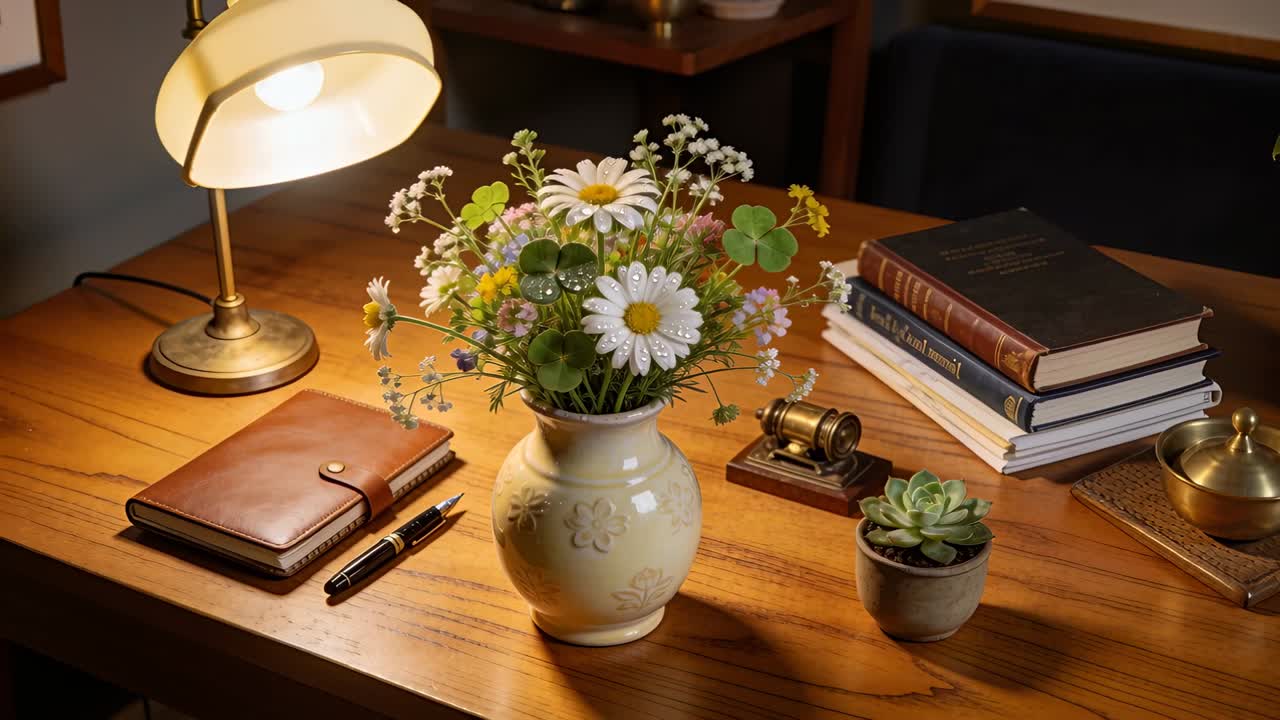 Recording starting, camera pulling back revealing cream vase on wood desk to show full desk scene