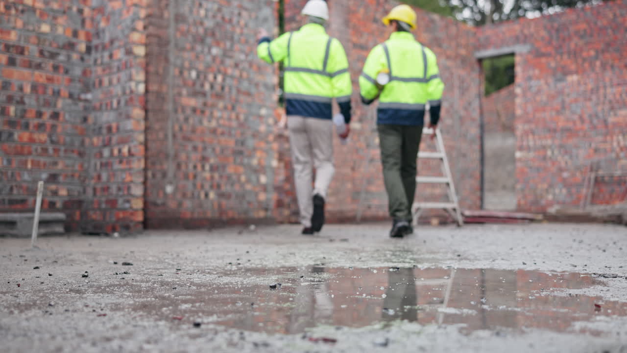 Construction workers inspect an unfinished building