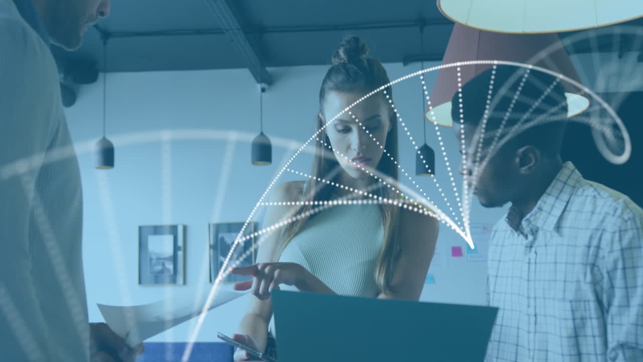 Animation of dna strand over diverse business people working in office