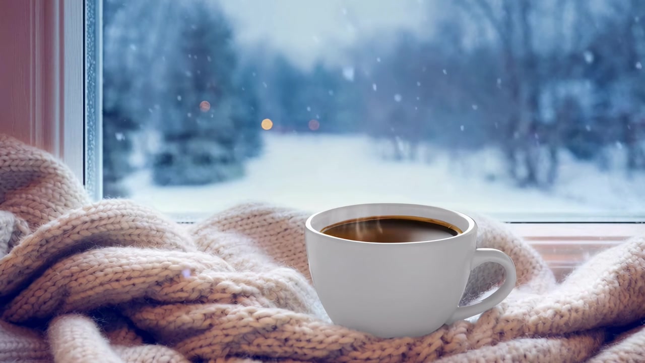 雪の降る窓辺、編み物のブランケットの上にある湯気の立つコーヒーマグ