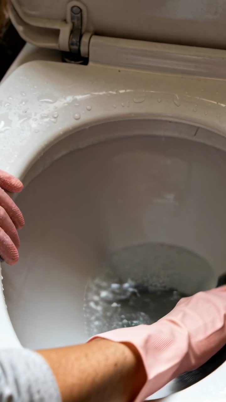 Vertical video: Scrubbing hand in pink gloves entering, cleaning toilet bowl at home with scrub pad
