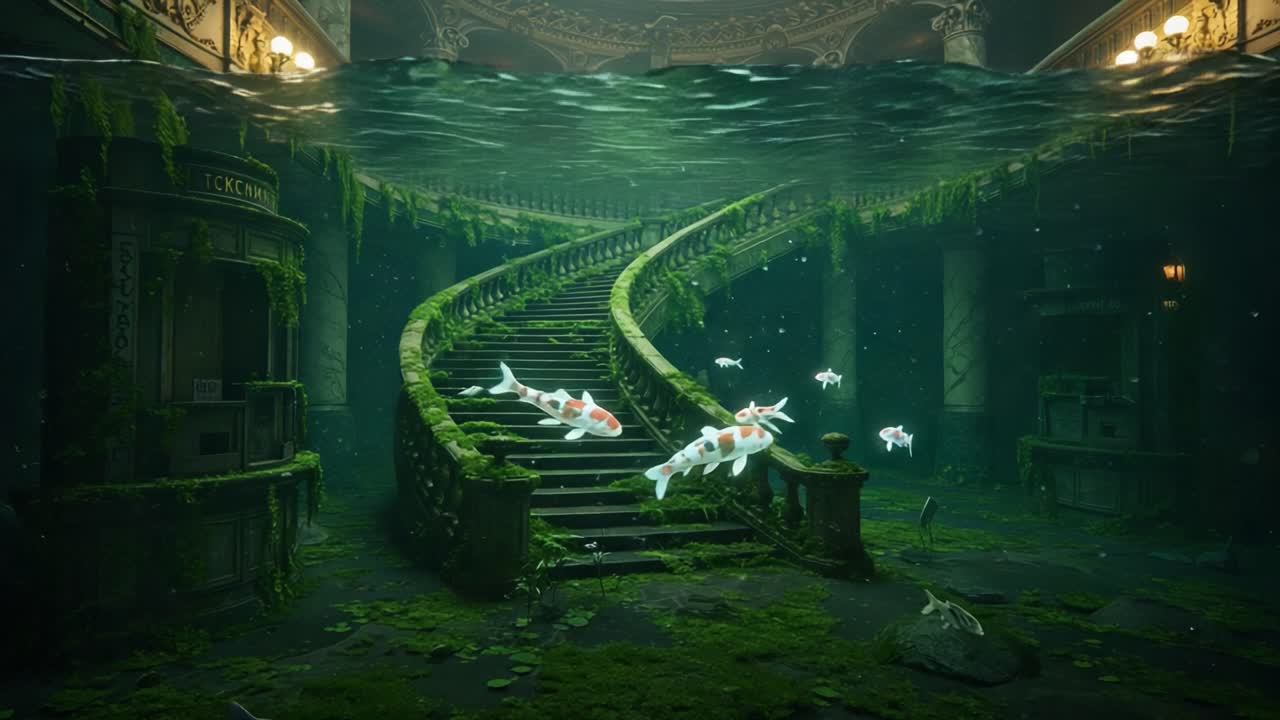 An Enchanted Underwater Scene Featuring an Abandoned Staircase Surrounded by Lush Greenery and Graceful Swimming Fish in a Mystical Aquatic Environment