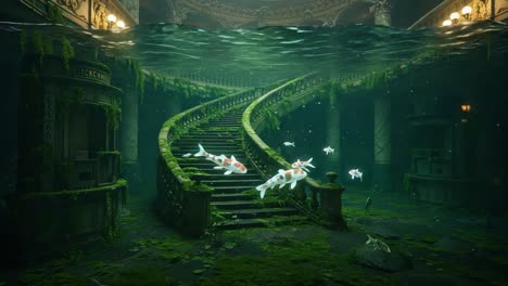 an enchanted underwater scene featuring an abandoned staircase surrounded by lush greenery and graceful swimming fish in a mystical aquatic environment