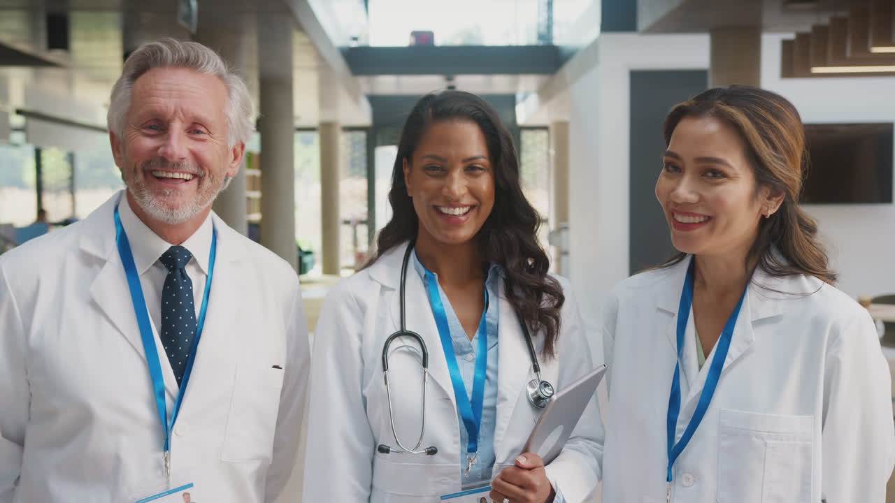 Portrait Of Medical Staff Wearing White Coats With Digital Tablet Having Meeting In Hospital