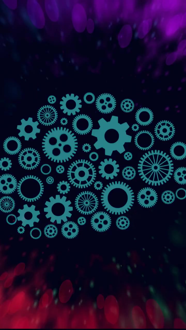 Vertical video: Cyan gear cluster animating halo sweeping inward starting pulsing dots showing flow