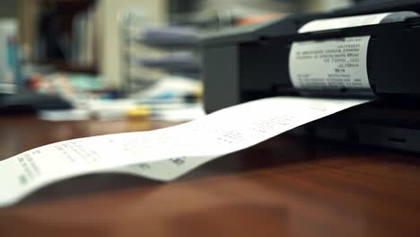 close-up view of a receipt printer in action, capturing the process of documenting transactions with real-time printouts on paper against a busy background