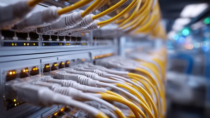Detailed Close-Up of Network Cables Connected to a Data Switch with Illuminated Ports Highlighting Modern Networking Infrastructure and Technologies