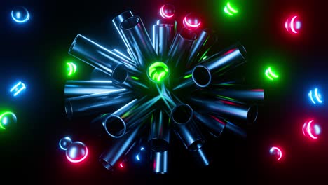 multicolored neon spheres jump out of metal tubes. infinitely looped animation