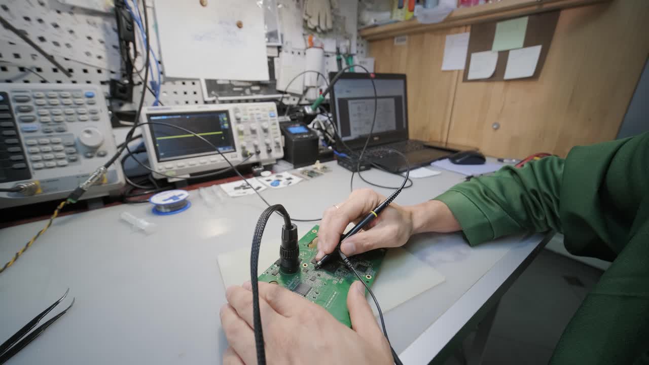 Electronic equipment repair shop. The Engineer Technician solders the printed circuit board of an electronic device under a microscope.