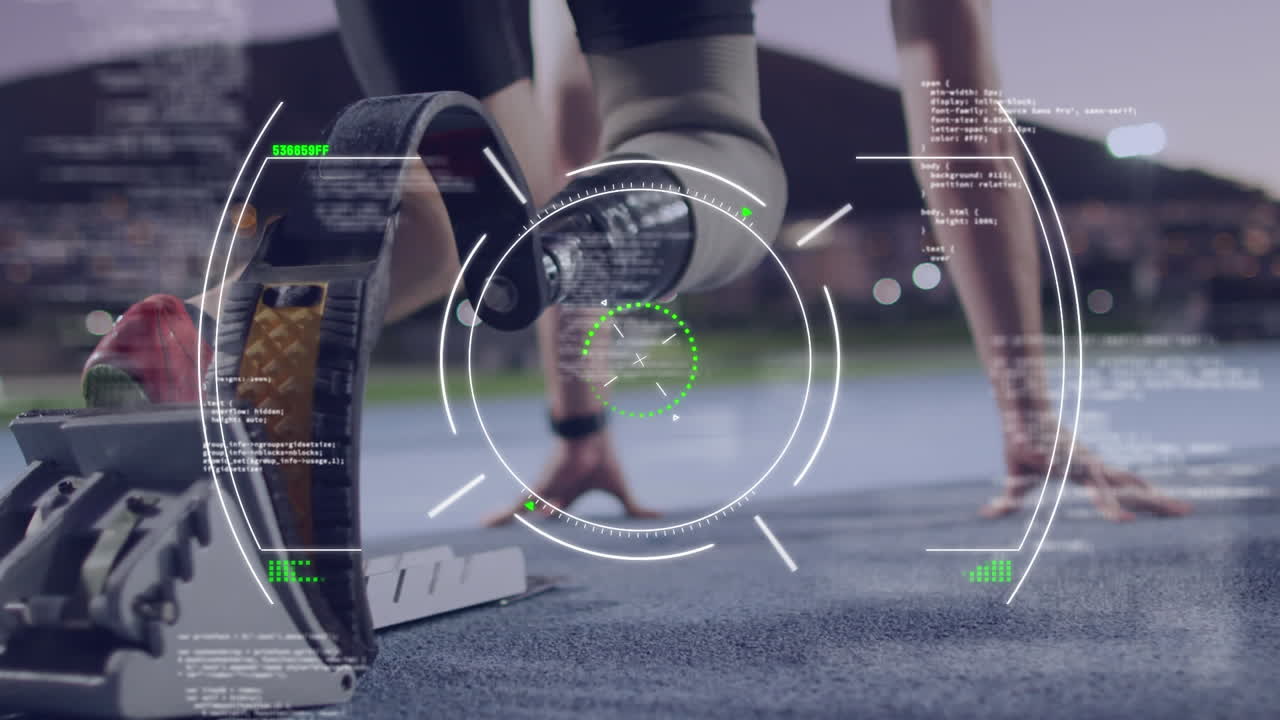 animación del círculo de procesamiento sobre el hombre caucásico con la cuchilla corriendo preparándose para protagonizar una carrera